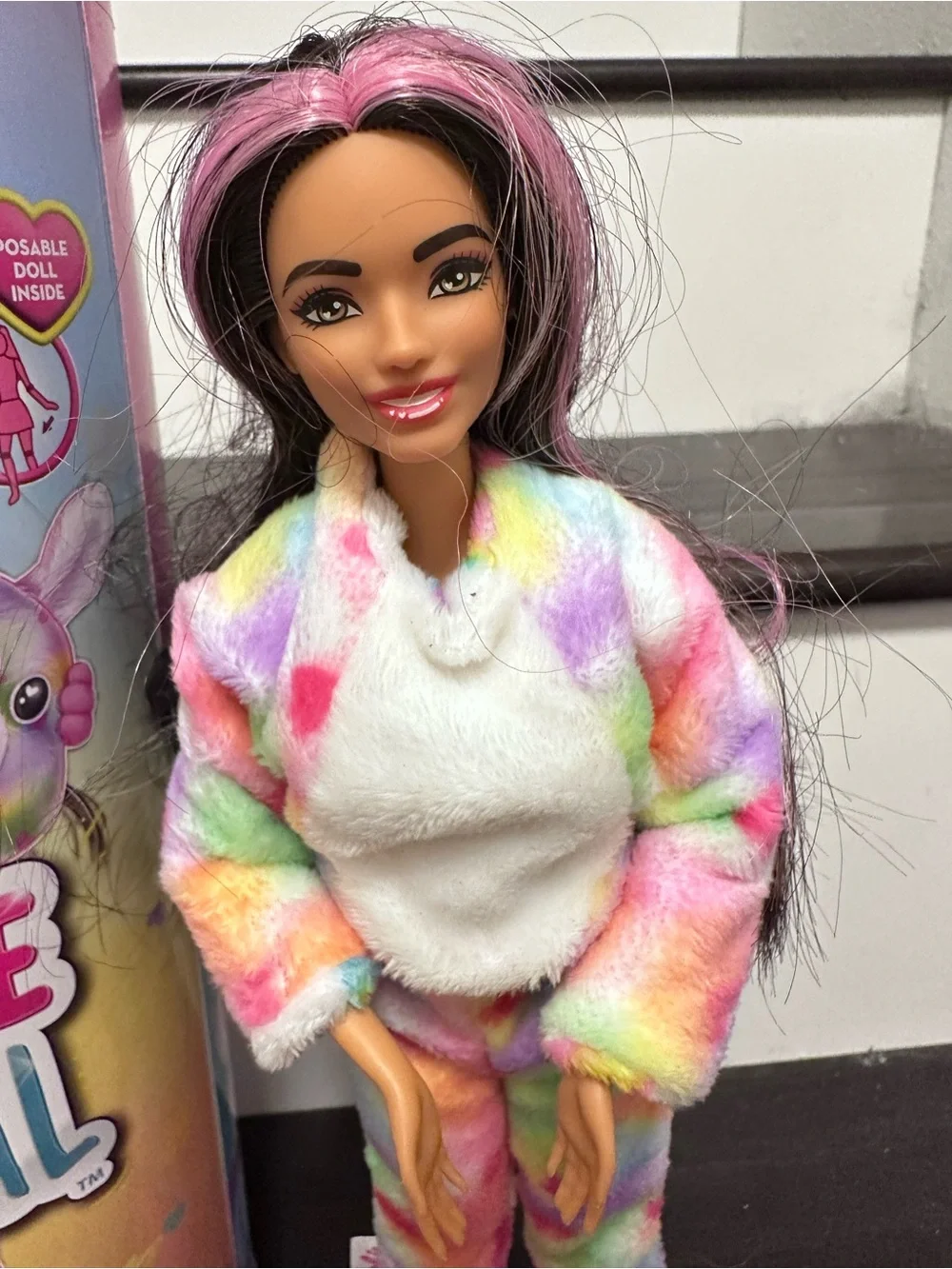 Barbie Doll in Rainbow Plush Pajamas with Bright Pink Accessories